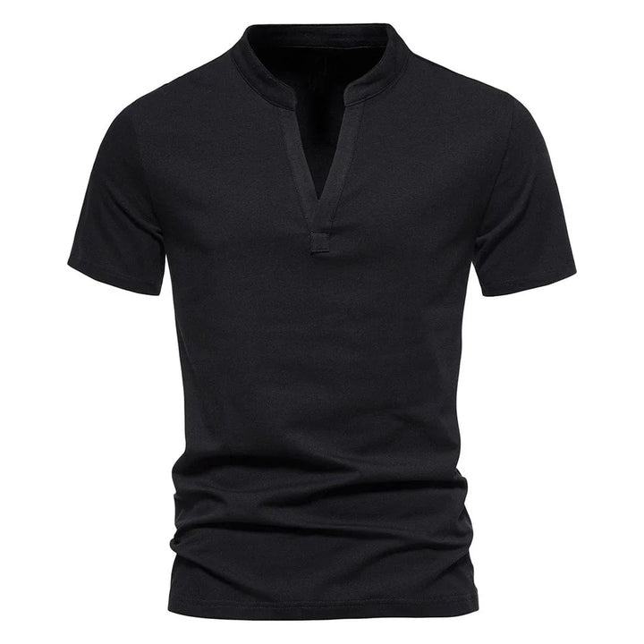 Effortless men's split V-neck t-shirt. Modern short sleeve design for versatile casual wear.
