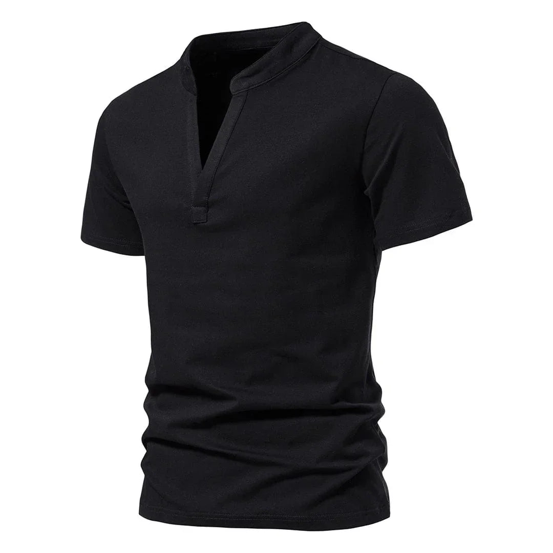 Short sleeve men's t-shirt. Modern split V-neck with mandarin collar for casual style.