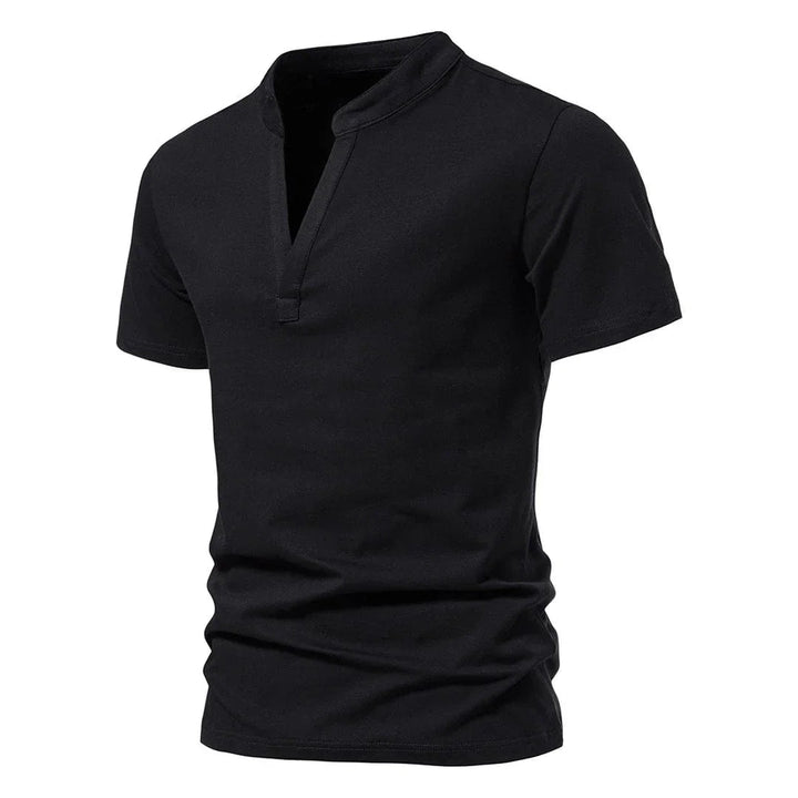 Short sleeve men's t-shirt. Modern split V-neck with mandarin collar for casual style.
