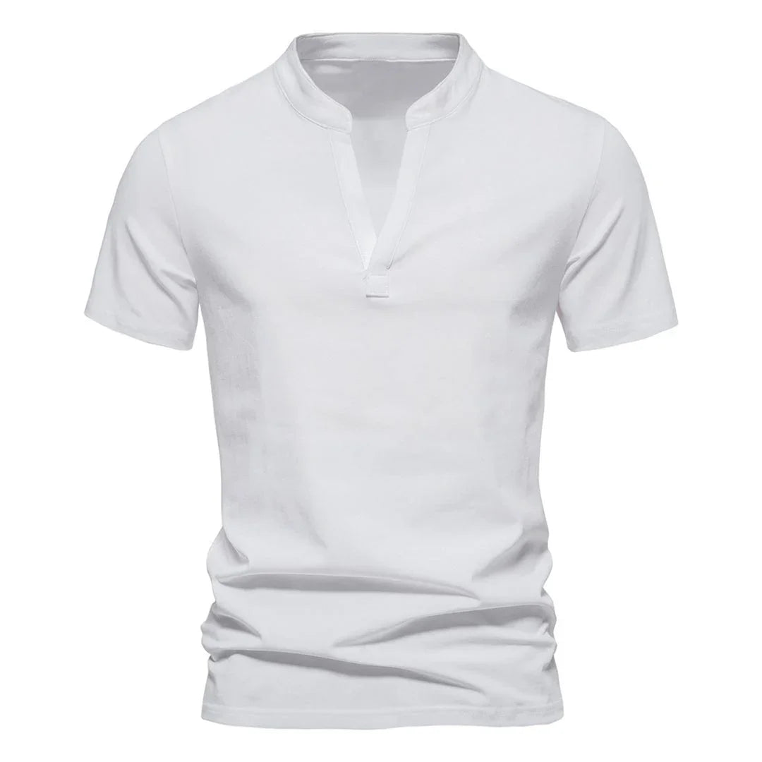 Modern men's split V-neck t-shirt. Slim fit short sleeve for effortless everyday casual style.