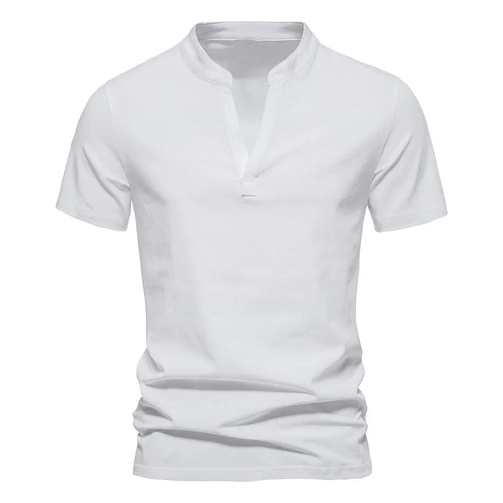 Modern men's split V-neck t-shirt. Slim fit short sleeve for effortless everyday casual style.
