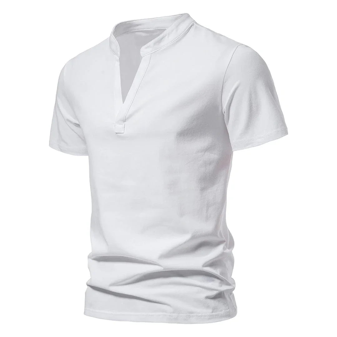 Men's contemporary split V-neck t-shirt. Casual short sleeve design for modern everyday wear.