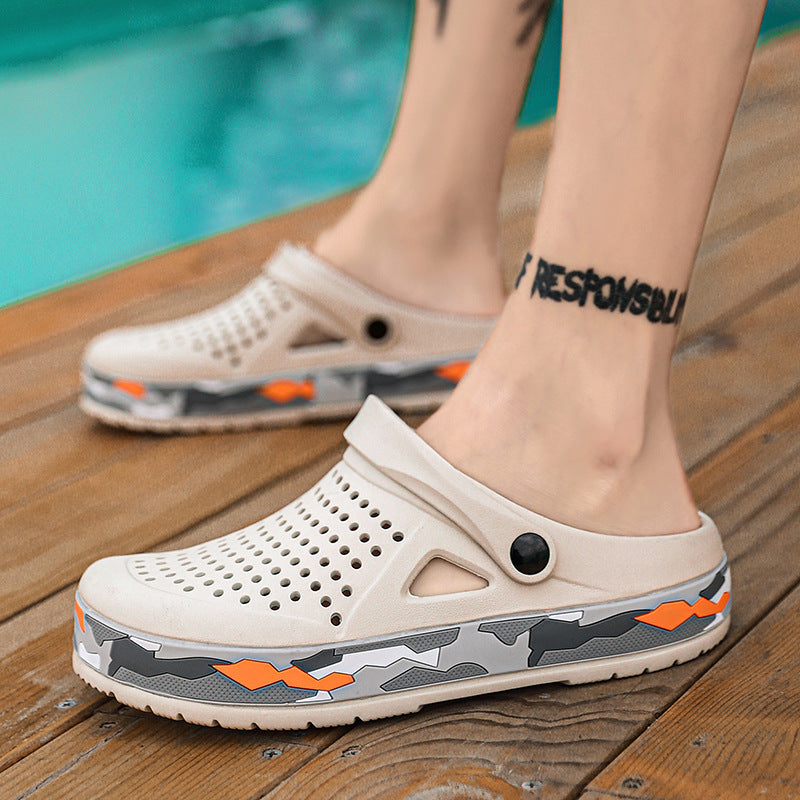Men's relaxed breathable slip-on clogs with unique camo sole, ideal for casual outdoor wear.