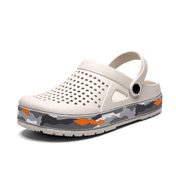 Stylish men's breathable clogs with a durable camo sole, excellent for everyday wear and outdoor activities.