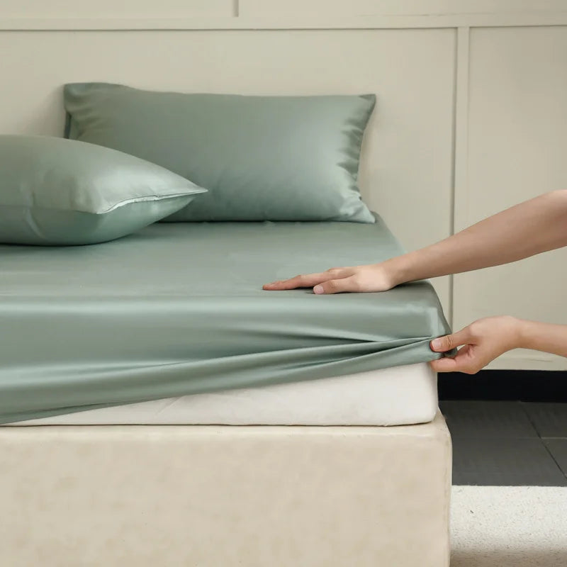 Luxury Mulberry silk bed sheet, soft & smooth, ideal for elegant bedroom decor.