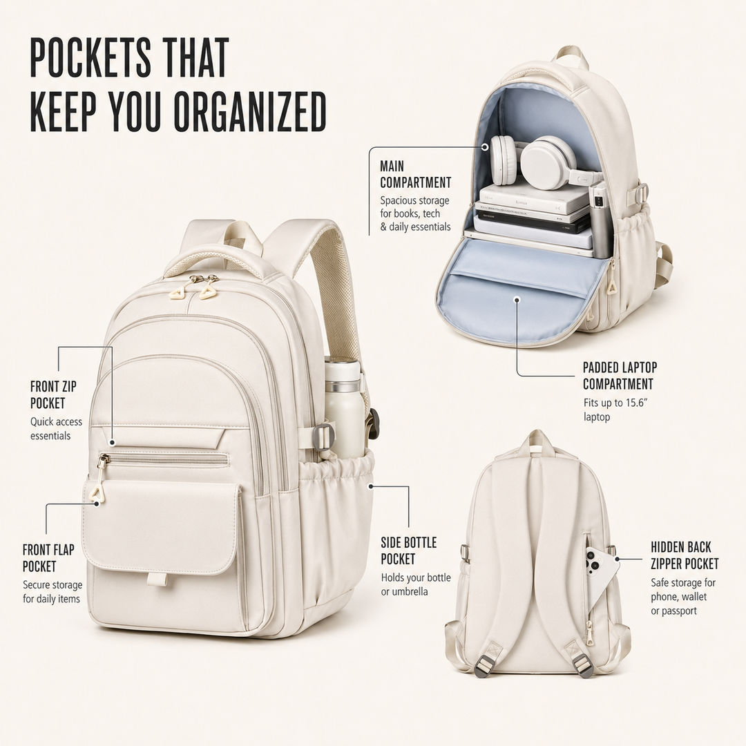 Practical everyday water-resistant laptop backpack, designed for unisex use, work, & school.