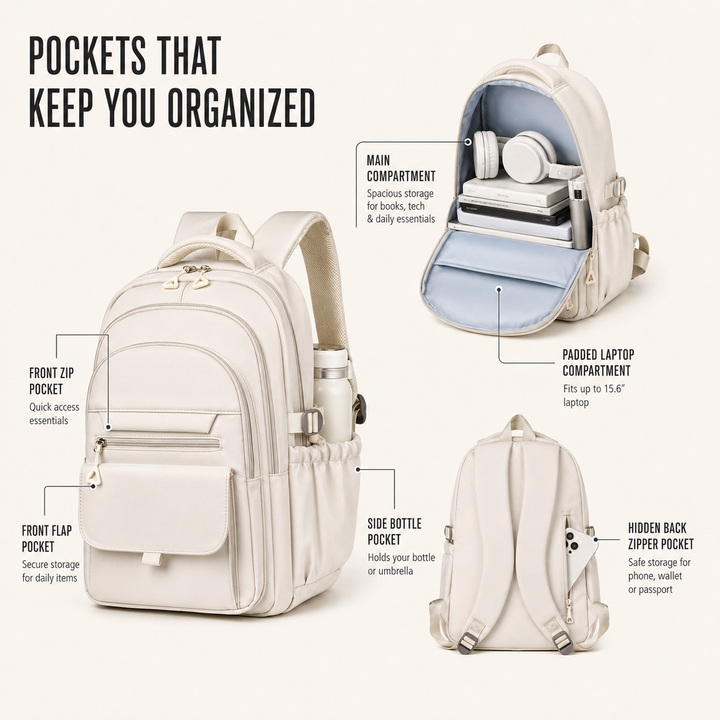 Practical everyday water-resistant laptop backpack, designed for unisex use, work, & school.