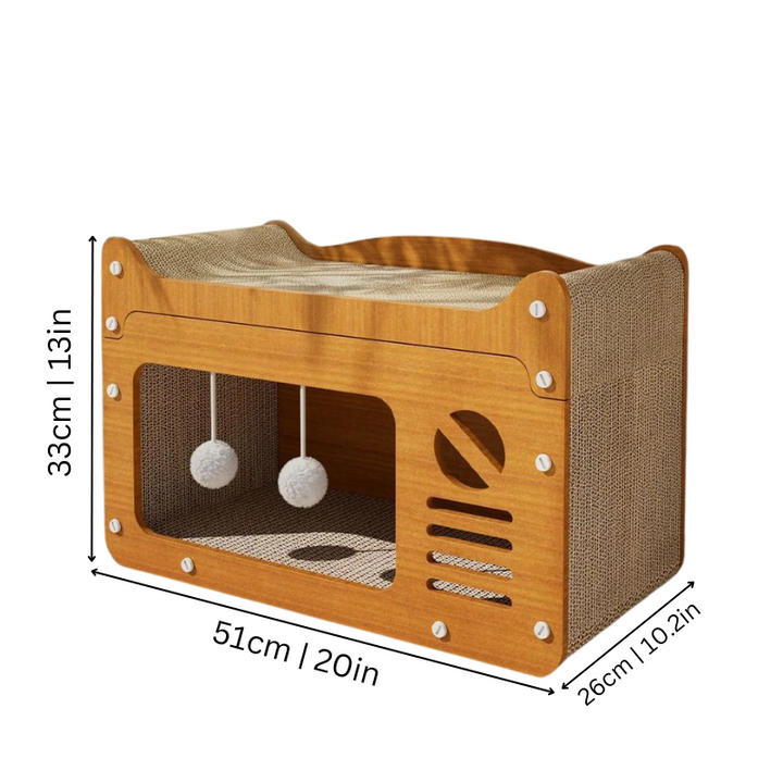 Multi-level cat condo pet furniture, sisal scratcher tower with plush hideouts and interactive toys.