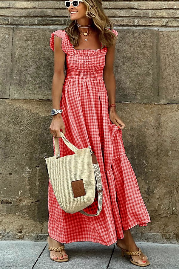 Women's elegant classic check maxi dress, a sophisticated long checkered dress for versatile outerwear fashion.