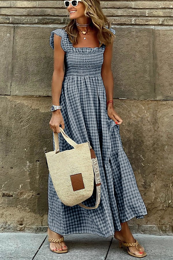 Classic check women's long maxi dress, a comfortable and elegant checkered dress for versatile fashion.