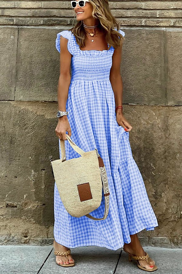 Sophisticated women's maxi dress, a classic checkered long dress for elegant casual or dressy occasions.