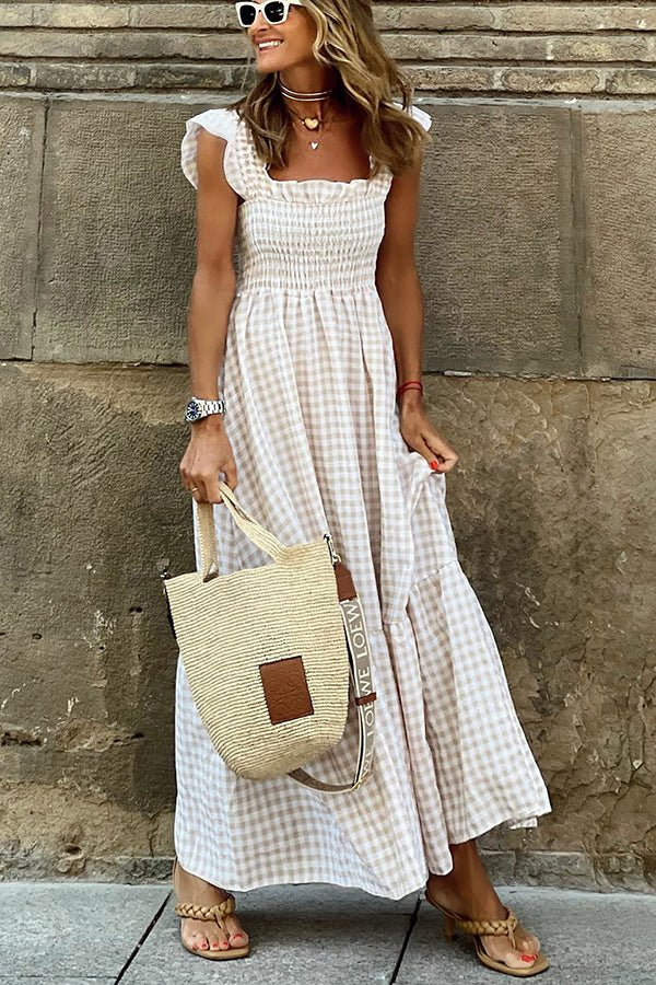 Women's classic check maxi dress, elegant long checkered dress for versatile casual or sophisticated style.