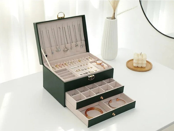 Sleek black leather jewelry organizer, modern design for women's treasures