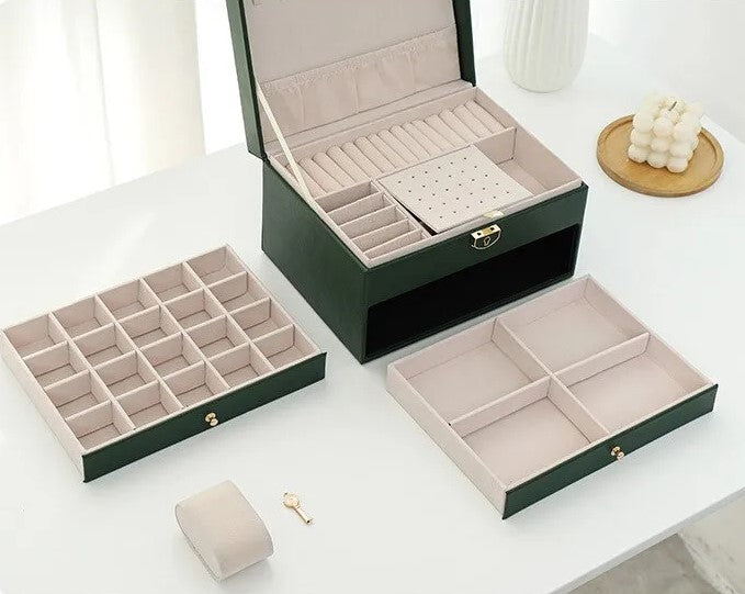 Elegant cream leather jewelry box, a chic addition to any vanity