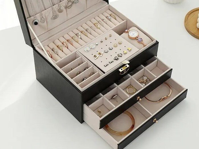 Beautifully stitched leather jewelry box, a timeless fashion accessory
