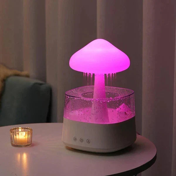 Unique mushroom rain cloud humidifier with aromatherapy diffusion & soft night light for ultimate relaxation.
