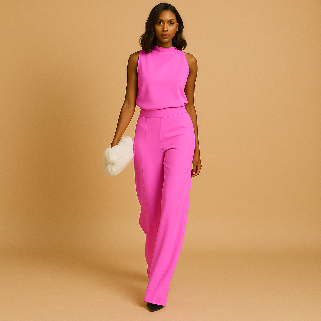 Versatile women's elegant mock neck wide leg jumpsuit, ideal for summer events & chic day to night looks.