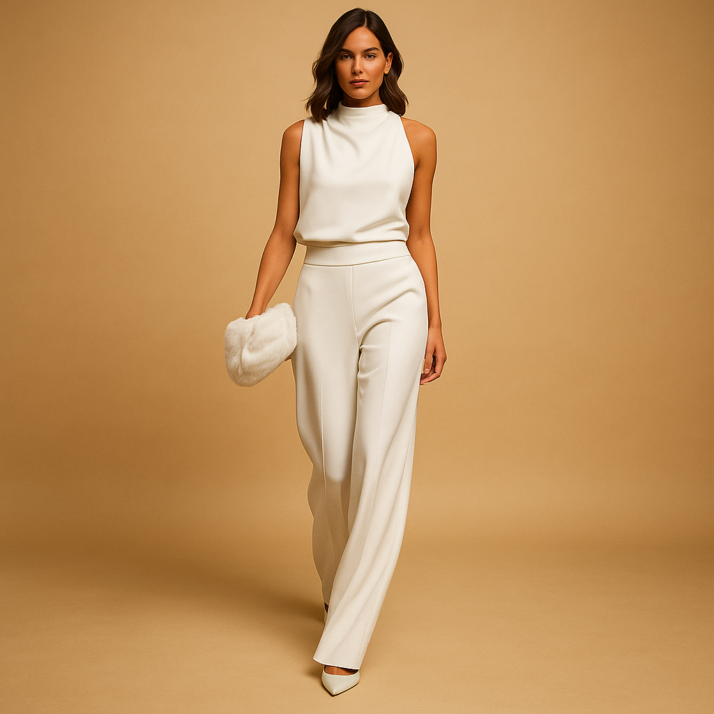 Stylish women's mock neck sleeveless jumpsuit, featuring a flattering wide-leg cut and elegant design.