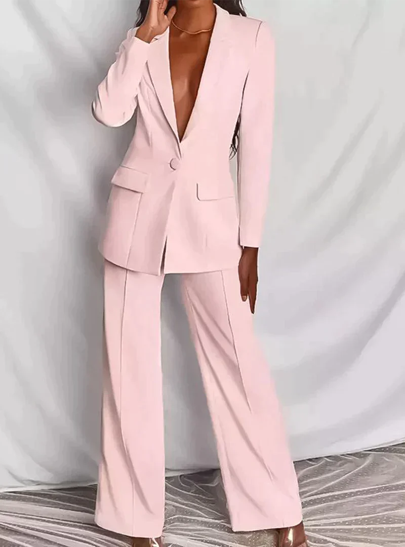 Nadine | Women's Tailored Blazer Wide Leg Pants Set - Pink - Image 5