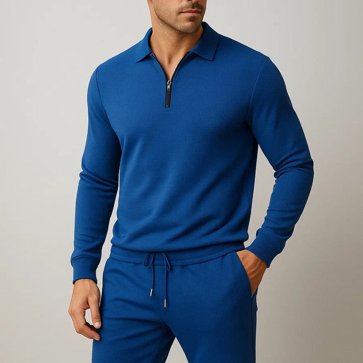 Men's athletic style quarter zip polo and jogger tracksuit, perfect for casual wear.