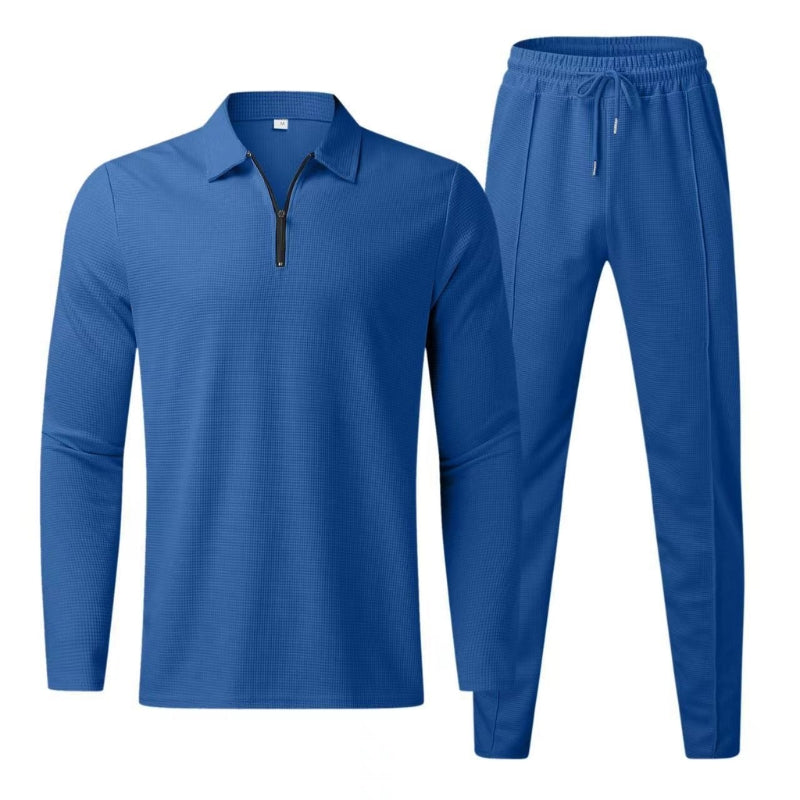 Two-piece men's quarter zip polo tracksuit set, combining modern style and comfort.
