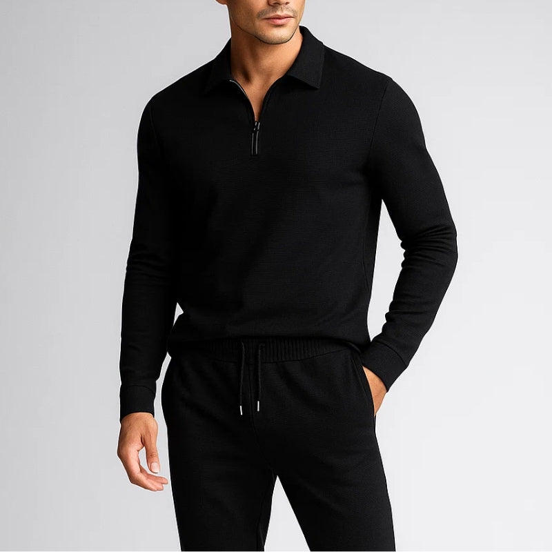 Stylish men's quarter zip polo tracksuit with jogger pants, ideal for everyday fashion.