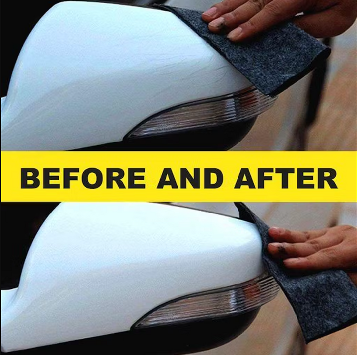 Close-up of nano cloth effectively removing scratches from car paint.
