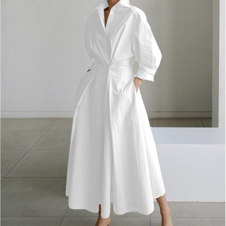Flowing women's collared wrap maxi evening dress, designed for graceful movement & elegance.