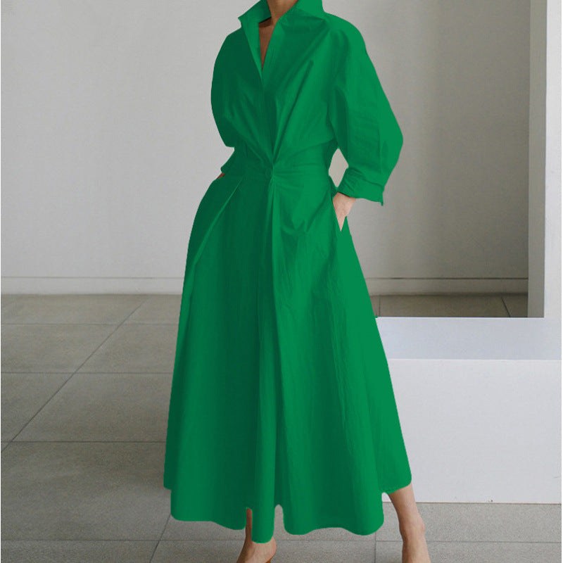 Stylish women's long wrap dress with a sophisticated collar, a must-have in women's fashion.