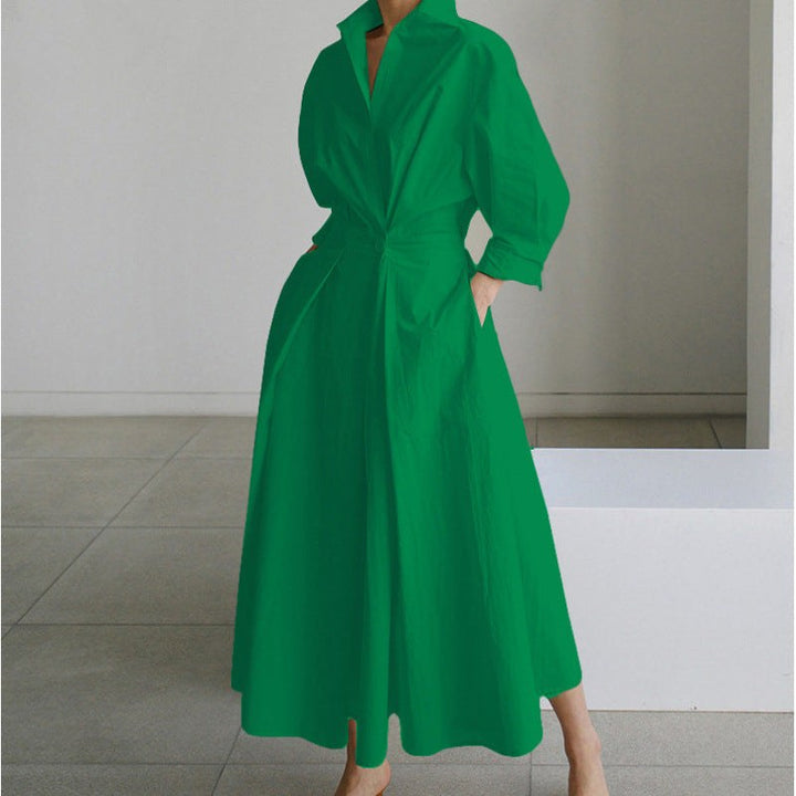 Stylish women's long wrap dress with a sophisticated collar, a must-have in women's fashion.