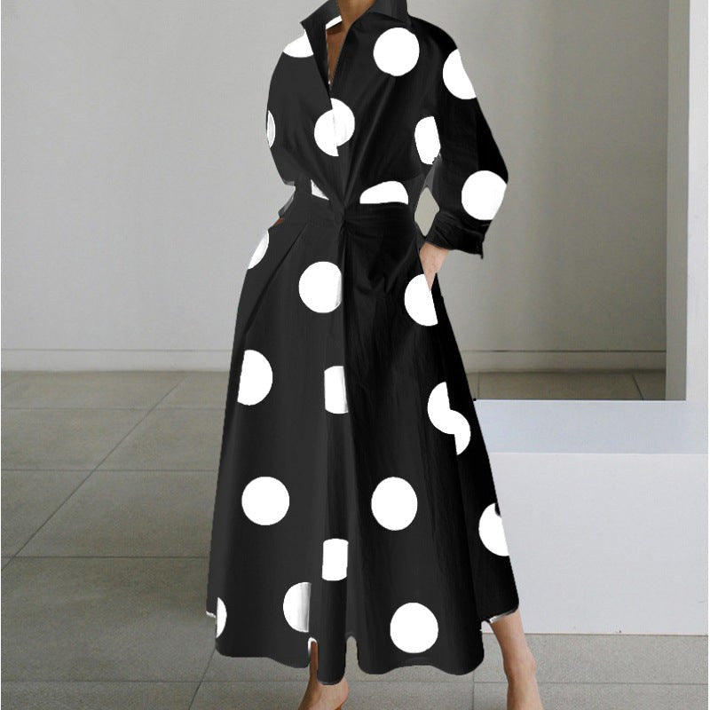 Front view of a flowing women's collared wrap maxi dress, showcasing its elegant silhouette.