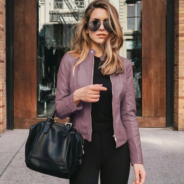 Stylish Naomi elegant leather jacket. Chic women's outerwear with a timeless appeal, perfect for versatile daily fashion.