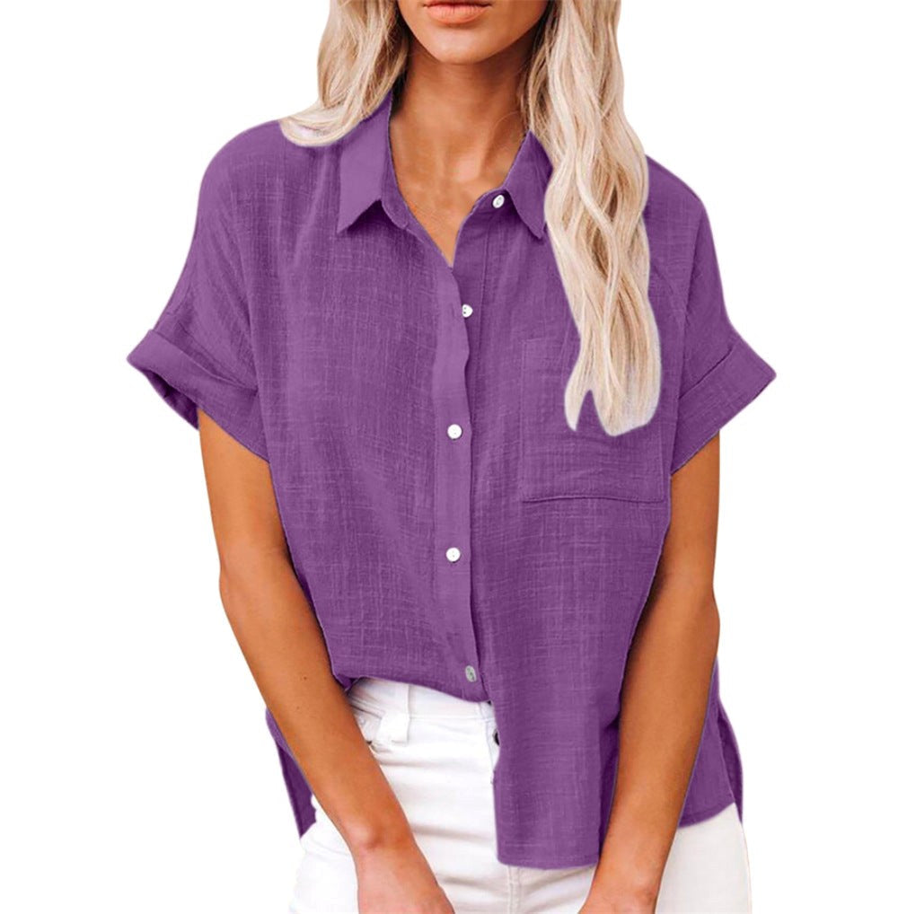 Lightweight women's short sleeve blouse with a relaxed fit for breathable summer style.
