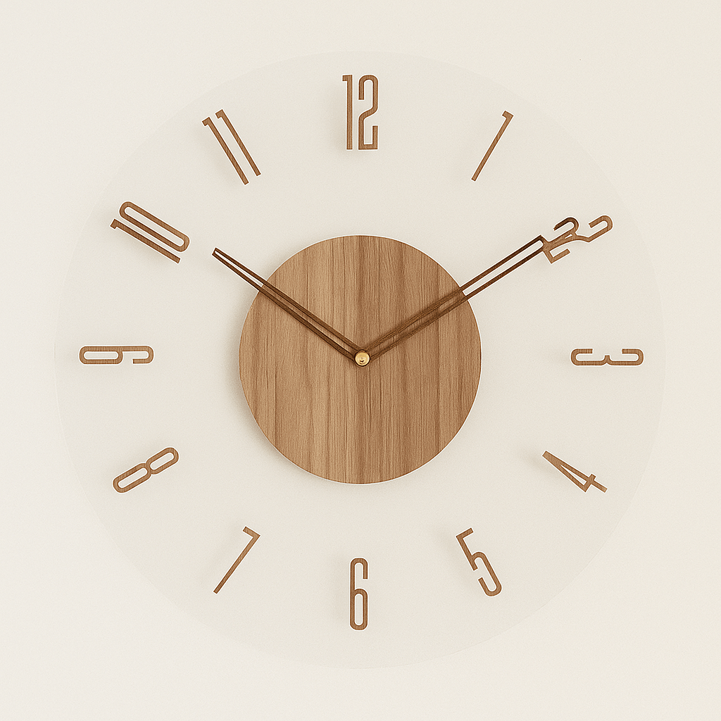 Round silent wood wall clock with natural finish, quartz movement, ideal for minimalist Scandinavian living rooms.
