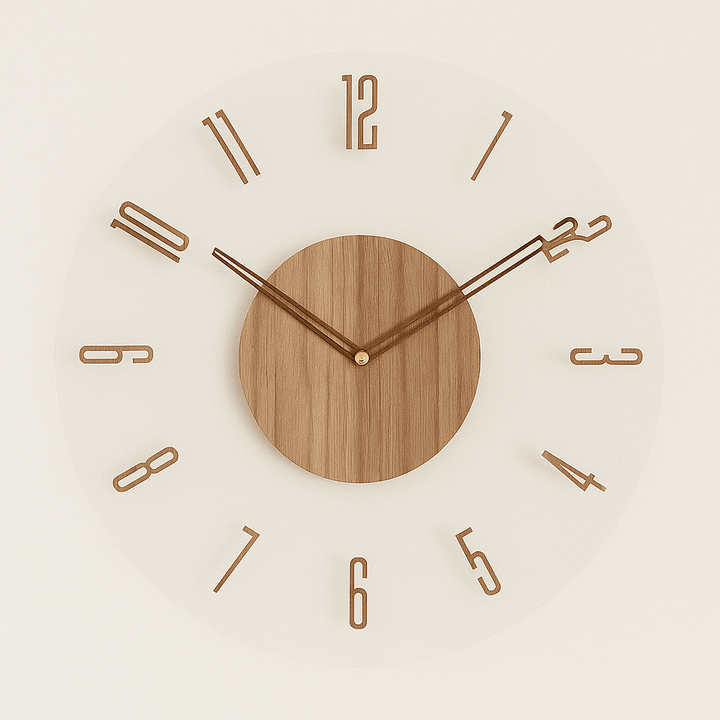 Round silent wood wall clock with natural finish, quartz movement, ideal for minimalist Scandinavian living rooms.