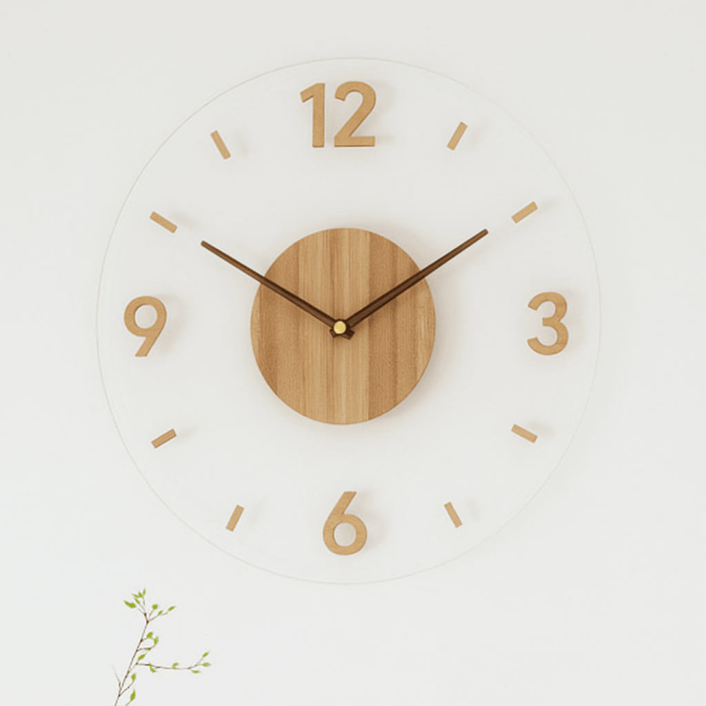 Modern minimalist wood wall clock in Scandinavian style, silent, enhances living room or bedroom decor with natural wood.