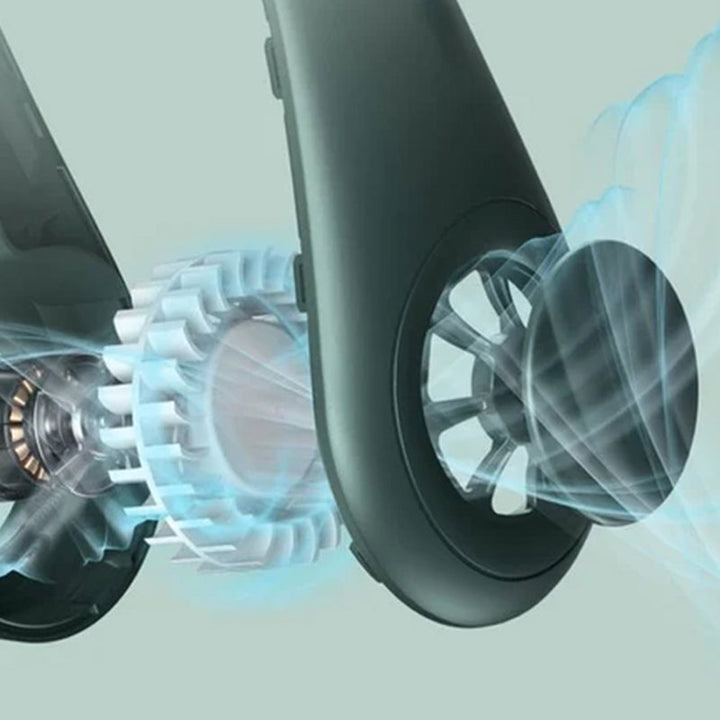 Wearable personal cooler: a quiet, portable bladeless neck fan for ultimate comfort & relief.
