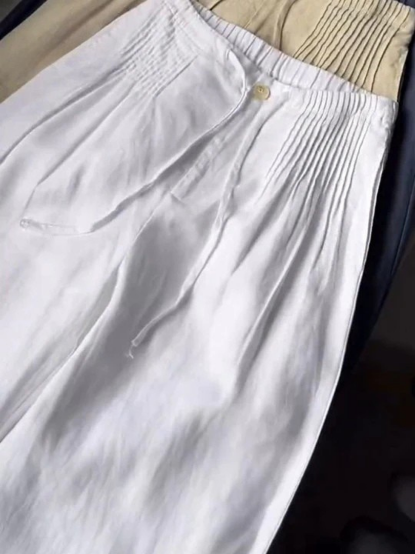 Full view of women's wide leg drawstring pants, featuring a relaxed, flowy, and comfortable design.