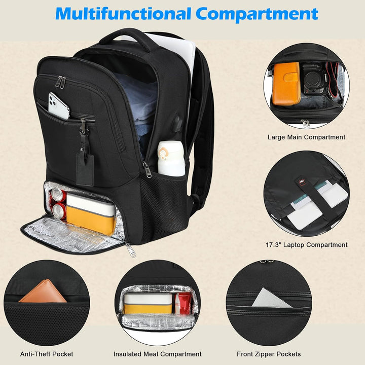 Highly organized multi-compartment backpack for laptop, lunch & travel gear, with external USB charging port.