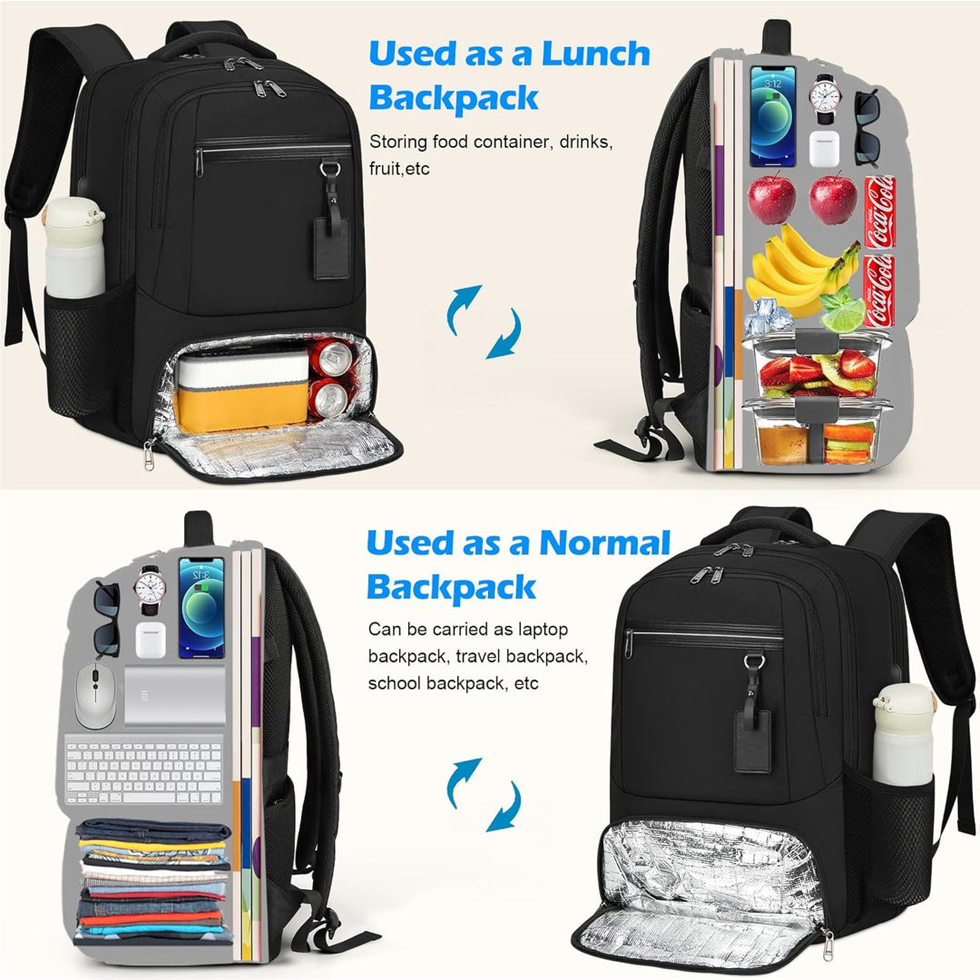 Front view of a sleek waterproof multi-compartment laptop & lunch backpack, featuring a handy USB charging port.