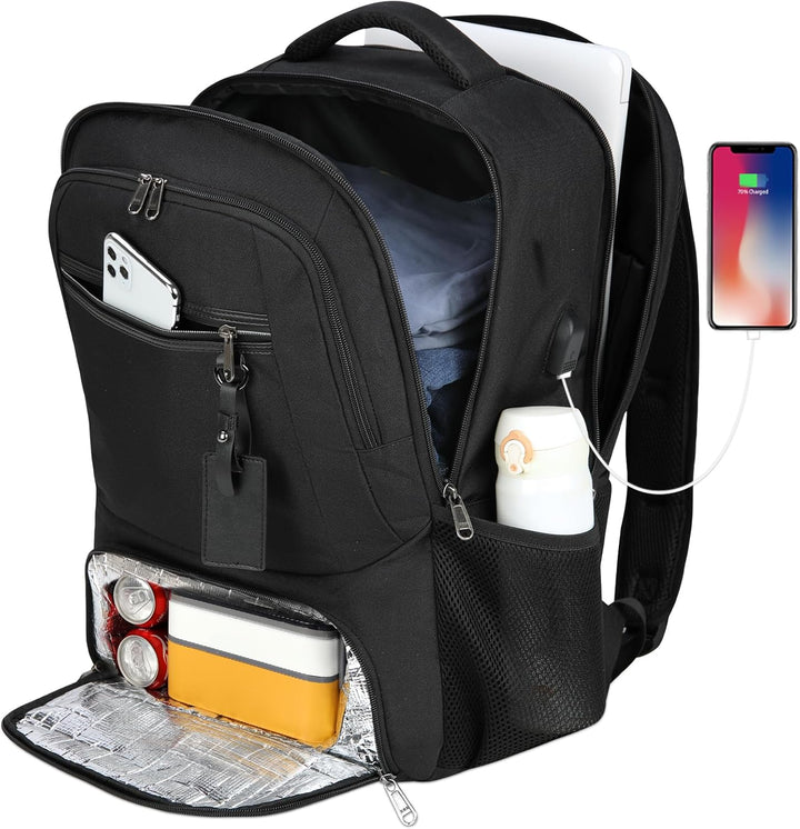 Ergonomic waterproof backpack for laptop, lunch, and essentials, with USB charging, perfect for travel & daily use.