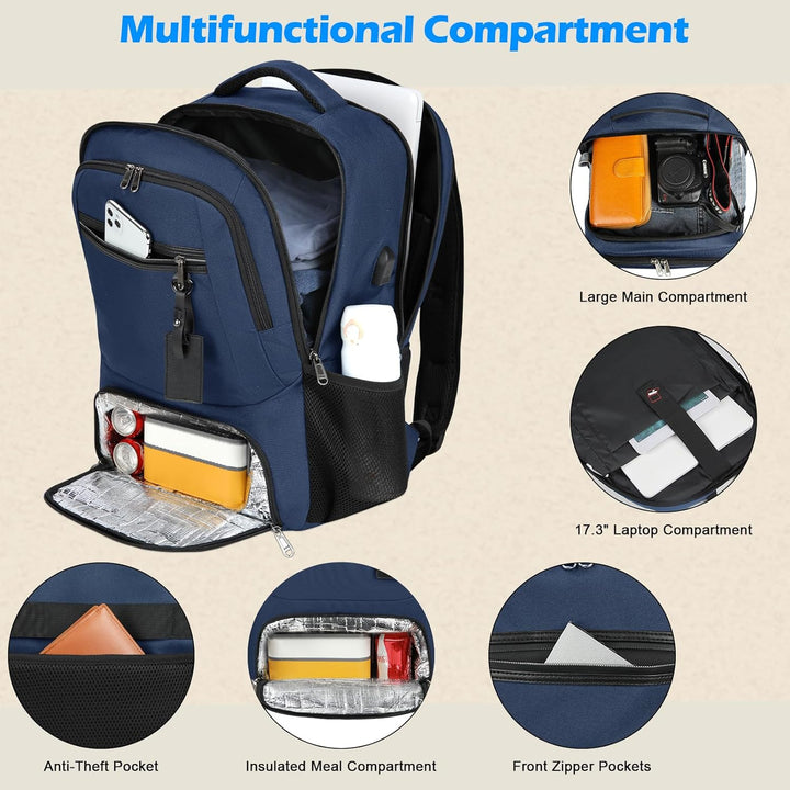 All-in-one waterproof laptop & lunch backpack with USB port, designed for efficient travel, work, school & hiking.