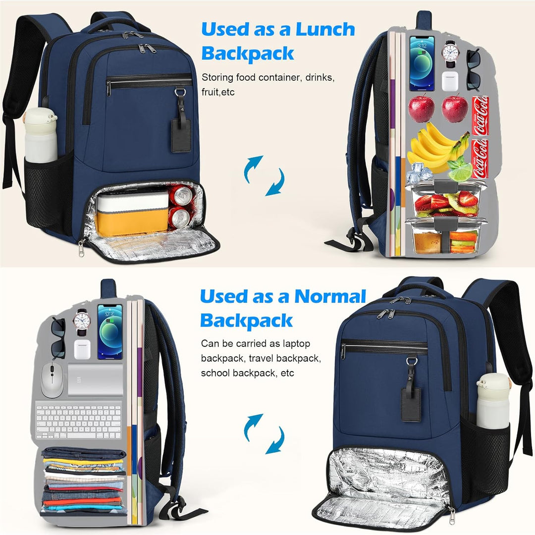 Spacious unisex laptop & lunch backpack, waterproof with multi-compartments & USB charging, for all your travel needs.