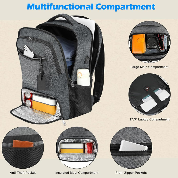 Multi-compartment waterproof travel backpack with laptop sleeve, insulated lunch pocket & USB charging.