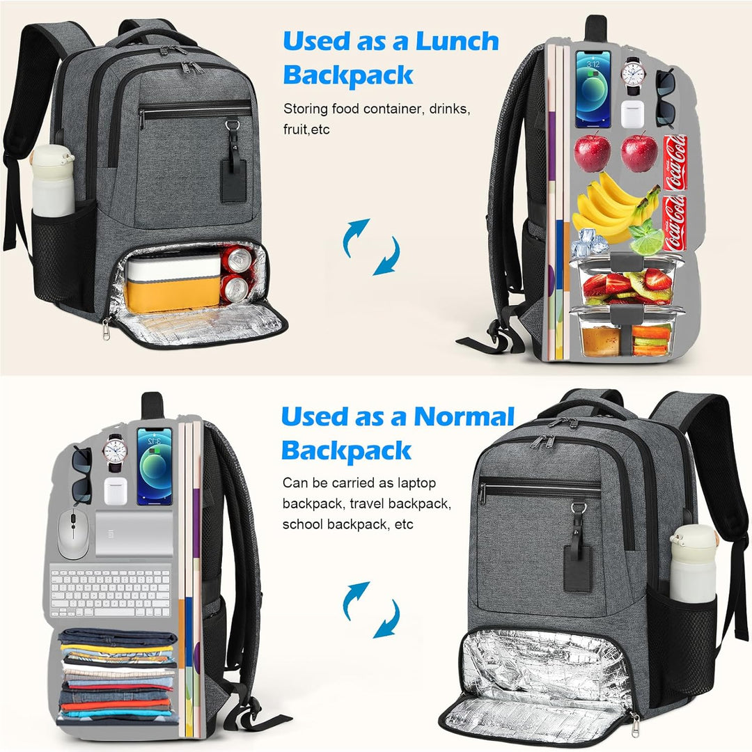USB charging travel backpack for laptop & lunch, multi-compartment, waterproof, great for school, work, hiking.