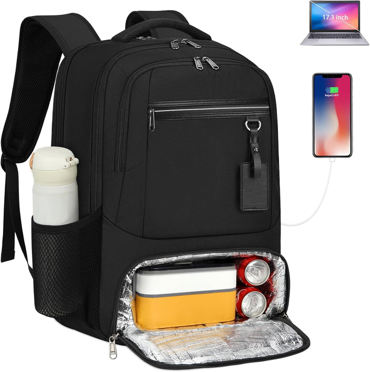 Insulated lunch compartment backpack with laptop sleeve, USB port, and waterproof design, ideal for daily commutes.