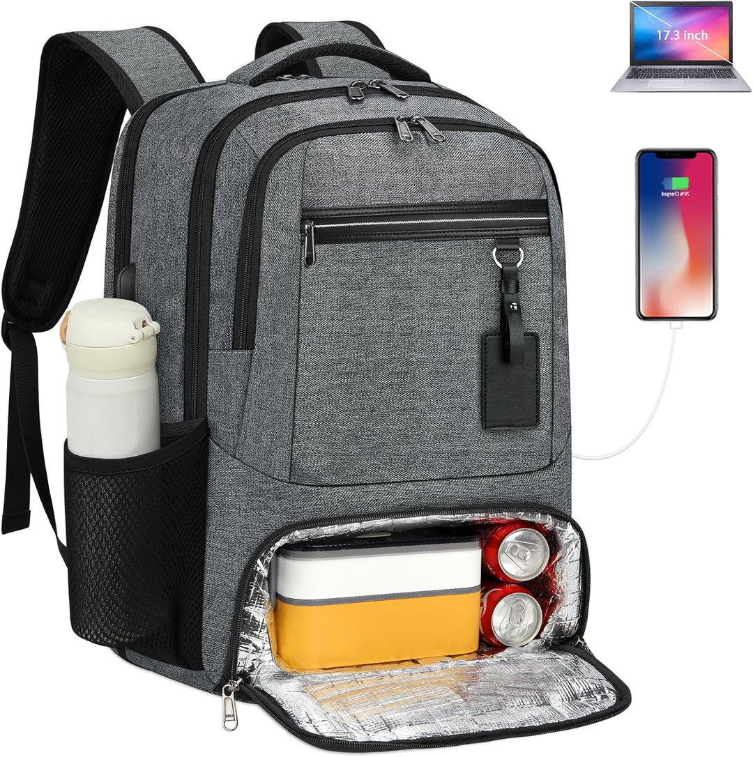 Unisex waterproof laptop & lunch backpack with USB charging port, ideal for travel, school & commuting.