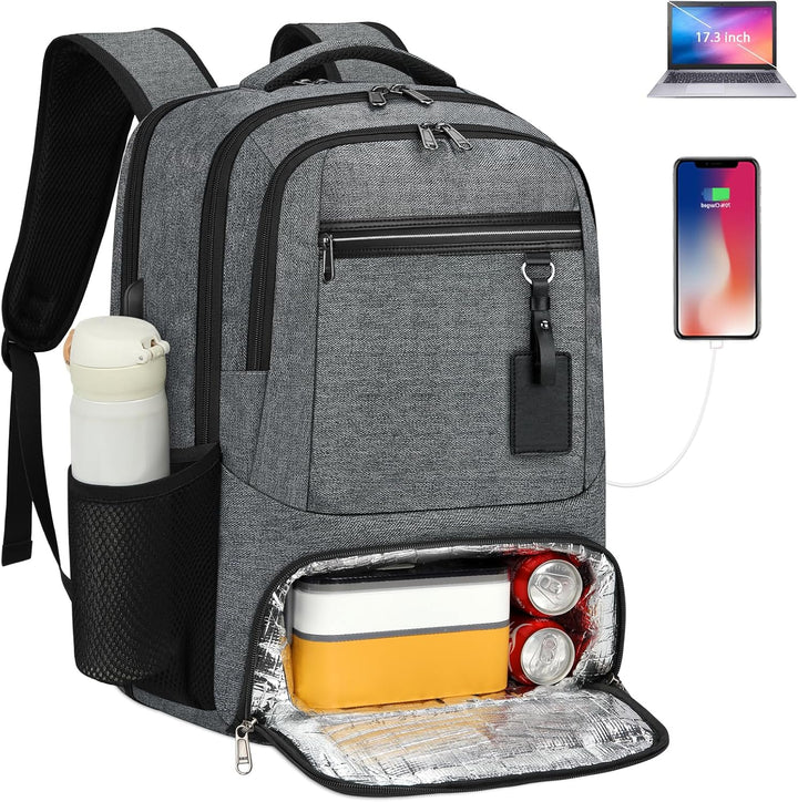 Unisex waterproof laptop & lunch backpack with USB charging port, ideal for travel, school & commuting.