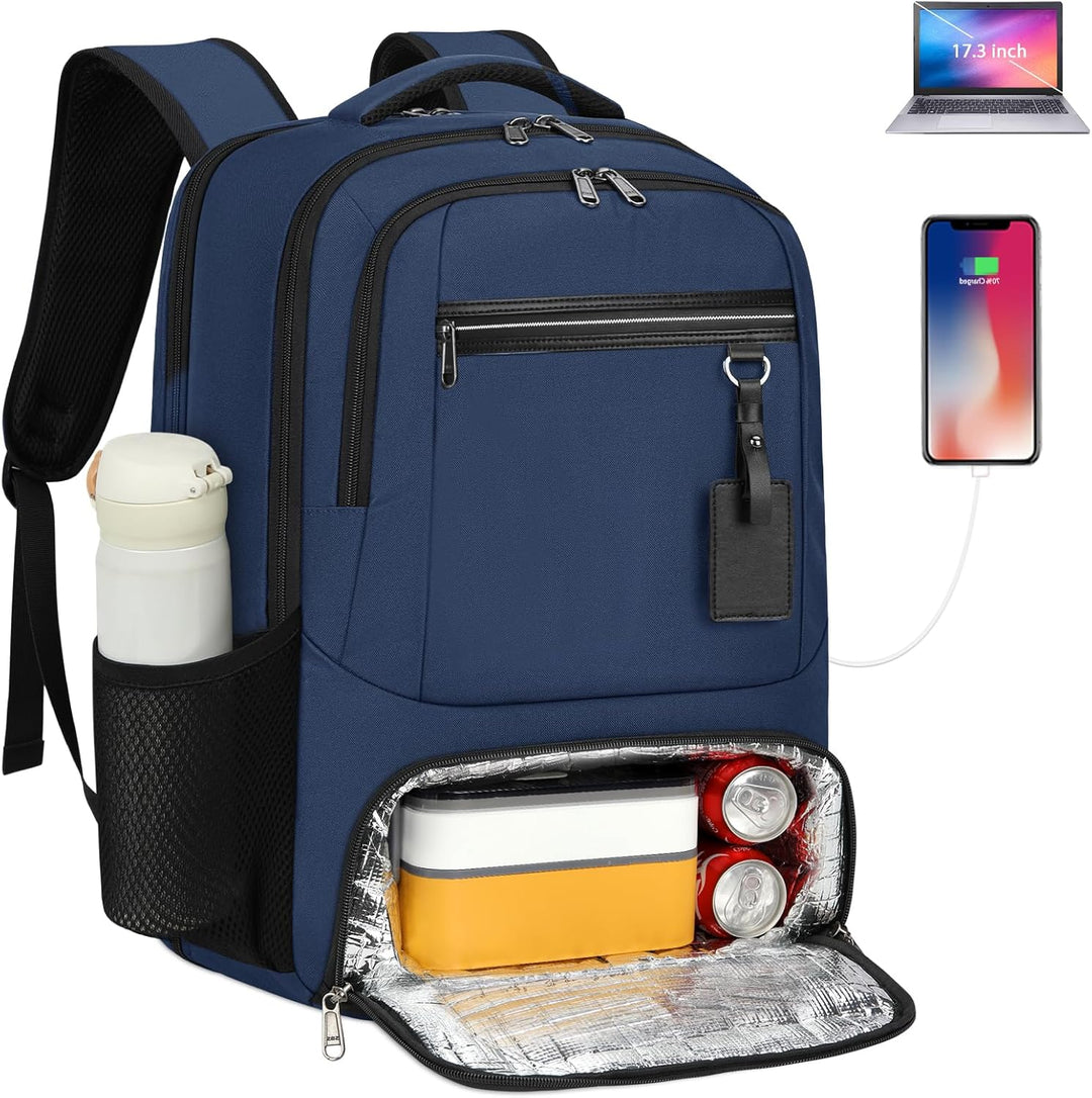 Side view of the durable waterproof laptop & lunch backpack, showing its multi-compartment design and USB access.