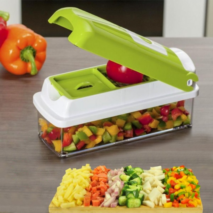 Versatile kitchen tool: manual chopper, grater & slicer for rapid vegetable and fruit preparation.